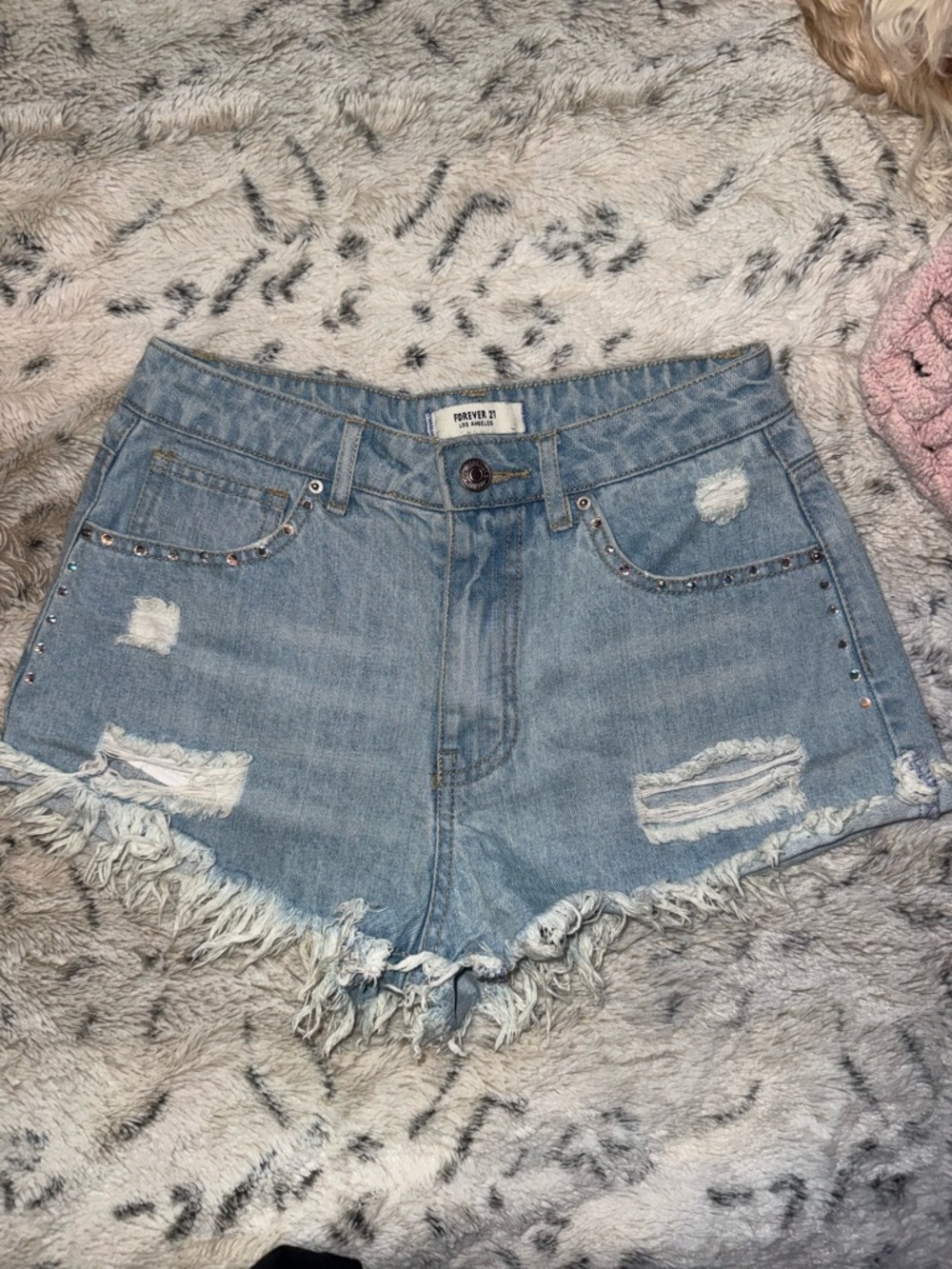 Forever 21 Light Wash Distressed Jean Shorts with Stud Detail